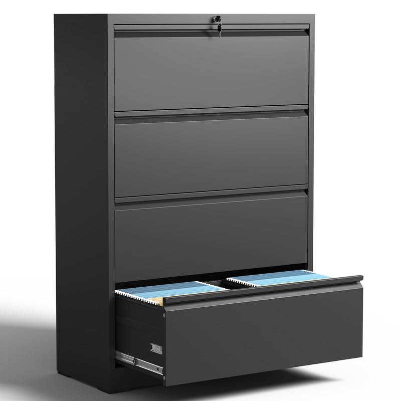 Yukimo Lateral File Cabinet with Lock, Metal File Cabinets for Home Office Legal/Letter A4 Size, File Cabinet with 4 Drawer Storage Cabinet, Black