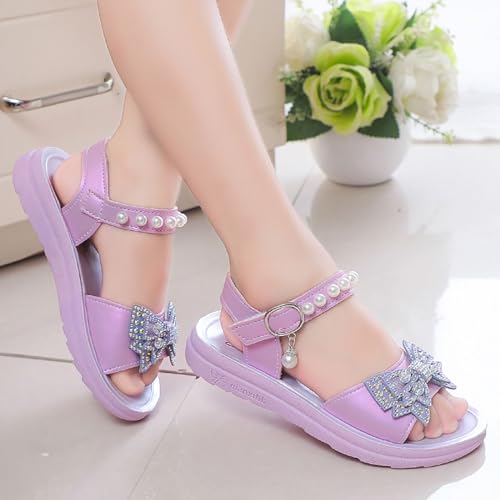 Girls Dress Sandals Kids Rhinestone Bowknot Open Toe Pearl Ankle Strap Princess Flat Sandal Wedding Flower Girl Shoes3