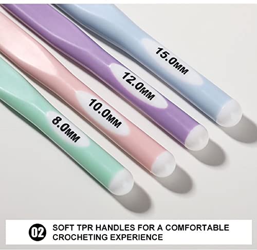 Image of Large Sizes Crochet Hooks 8mm, 10mm, 12mm, 15mm Rubber Handle Crochet Hook 4PCS- Ergonomic Handle Crochet Hooks Weaving Tools for Knitting Blankets, Shawl and Carpet (Multicolor 4pcs)