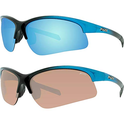 MAXX Domain Sport Golf Sunglasses Black w/Blue Frames Blue Mirror Lens & HD Amber Lens