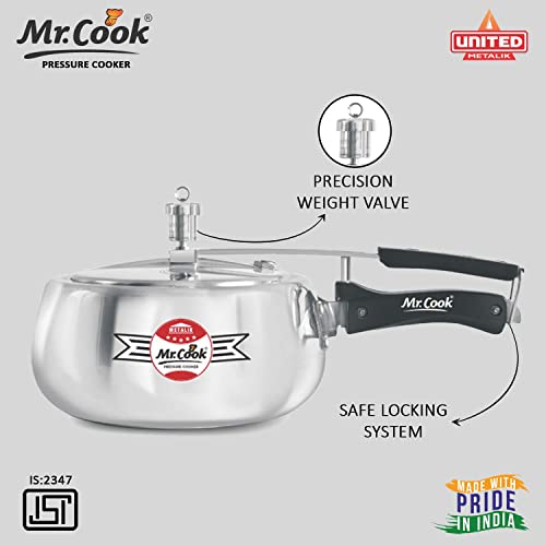 Image of MR COOK By United Metalik Super Shine Pressure Cooker with Inner Lid, Induction Base with 3.25mm Thick Aluminium, (Silver) (3 Litre)