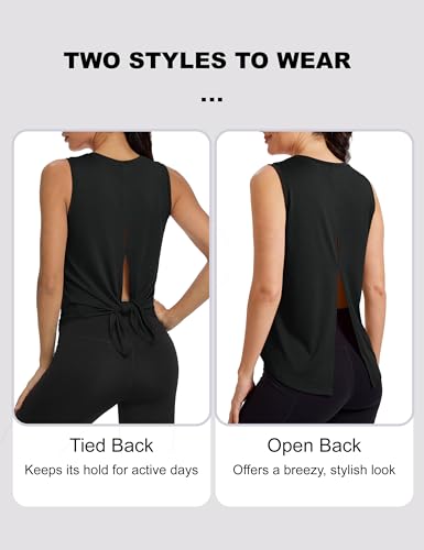 Image of MAGCOMSEN Workout Tank Tops Woman Summer Open Back Yoga Athletic Shirts Sleeveless Tie Back Loose Fit Gym Muscle Tank