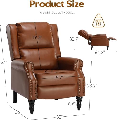 Image of Leather Recliner Chair, Pushback Recliner Chair with Adjustable Backrest Footrest, Mid Modern Reclining with Overstuffed Arms Lumbar Support for Reading, Living Room, Yellow Brown