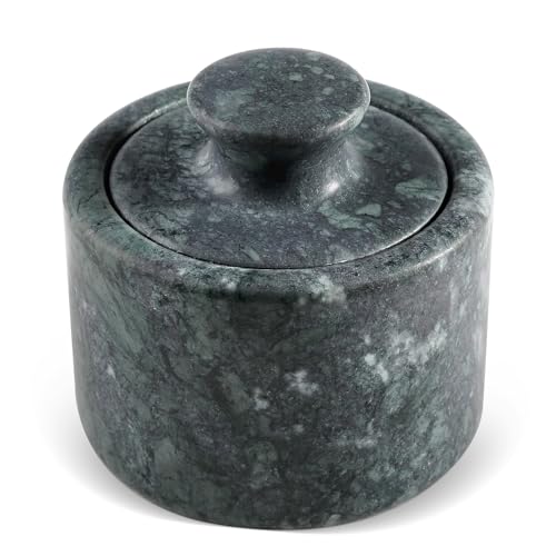 Koville Indian Green Marble Salt Cellar with Lid 3.5", Stone Pepper Container & Spice Jars for Kitchen, Marble Salt and Pepper Holder, Stone Storage Box for Kitchen Counter, Spice Jar