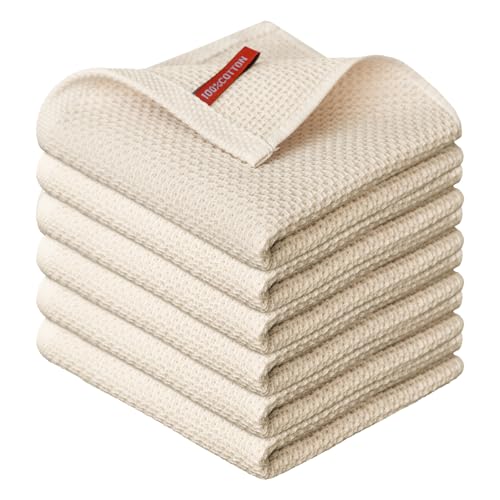 Artoid Mode 100% Cotton Beige Waffle Weave Kitchen Dish Cloths, 12x12 Inch Ultra Soft Absorbent Quick Drying Kitchen Dish Towels Set of 6