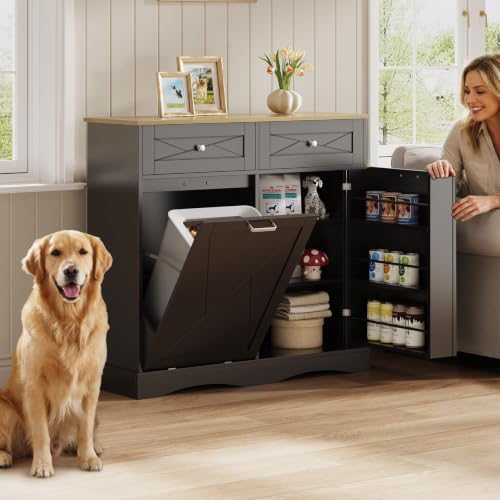 kepptory 37 High Dog Feeding Station with Storage Drawer Pet Organizers and Storage Adjustable Shelf Dog Feeder Station Pet Storage Cabinet for Cats and Dogs (Black)