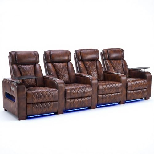 Image of Luxury Home Theater Seating - Power Recliner with Adjustable Headrests, Blue LED Ambient Lighting, Tray Table, USB & Type-C Charging (Light Brown,4 Seat)