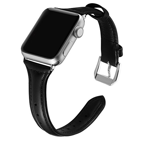 Simpeak Slim Genuine Leather Band Compatible with Apple Watch 40mm 38mm Series 6 SE 5 4 3 2 1, Women Men Wirstband Strap Replacement for iWatch 40 38, Black