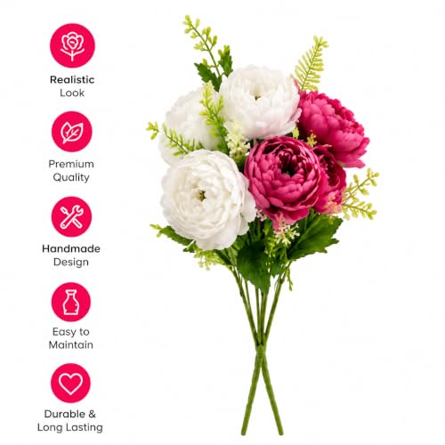 Image of CURATED CART 2 Bunch Artificial Peony Rose Flower Bouquet (Pink & White) | 10 Flower Heads, for Home Decor, Office, Bedroom, Balcony, Table Display, Wedding Decoration (Without Vase Pot)