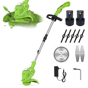 Debroussailleuse Electrique sans Fil, Tondeuse Portable et Pliable avec Poignée Réglable, Design de Tête Réglable à 90°, pour la Coupe de Jardin, Pelouses et Terres Agricoles (2 Pièces Batterie)
