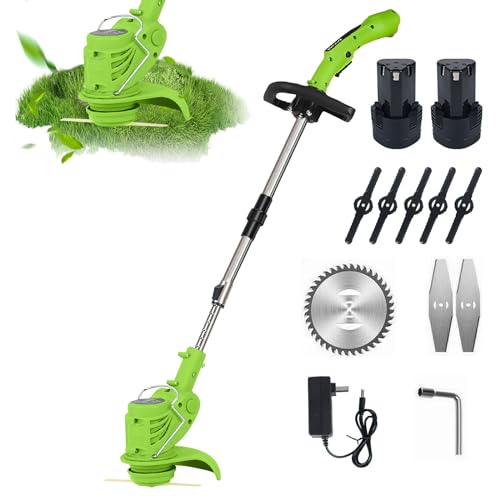 Tondeuse à Gazon sans Fil 21V, Légère (1.2kg) avec Manche Télescopique - 3 Lames Incluses - Silencieuse & Antivrillage - pour Jardin, Allées & Petites...