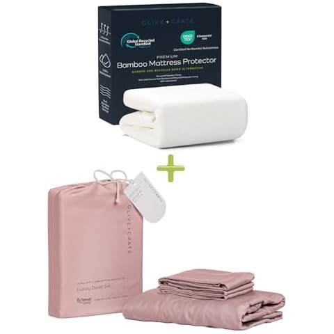 Olive + Crate Waterproof Mattress Protector Bundle with Queen Size Sheet Set, Breathable Cooling Mattress Pad Cover, Deep Pocket, Cooling Bed Sheets, Smooth Soft Washable & Quiet (88" x 90") Cover