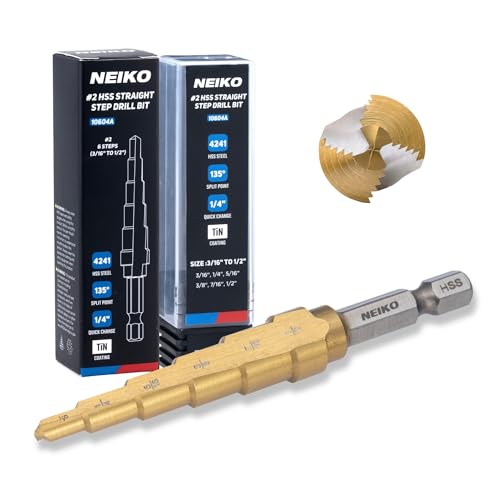 Image of NEIKO 10604A Step Drill Bit, 6 Steps 3 /16 inch to 1 /2 inch Straight High Speed Steel, Titanium Nitride Coated, 1 /4 inch Quick Change Step Bits for Steel, Metal, Wood, Plastic, Unibit Cone Drill Bits, Two Flute