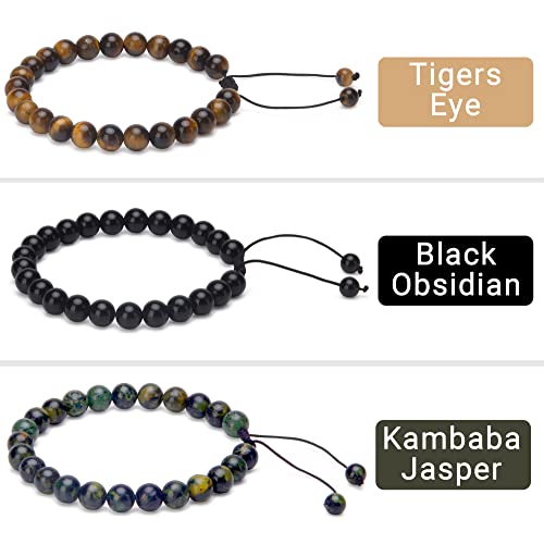 Lushus Men's Beaded Bracelets ~Elegent Design ~Set Of 3 - Black Obsidian, Tiger's Eye, Kambaba Jasper - Real Stone Bead- Adjustable- Stress & Anxiety Relief- Jewelry For Men - Healing Crystal #TOP4