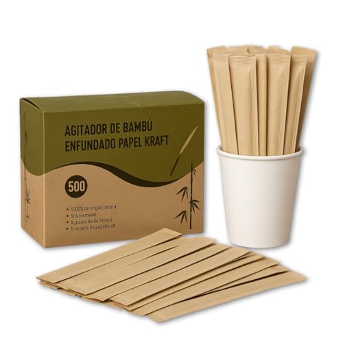 Genérico Agitadores de Bambú Enfundados 14 cm – Pack de 500 Palitos Desechables Ecológicos – Paletinas Café con Funda Kraft Individual – Biodegradables para Hostelería, Oficinas y Eventos