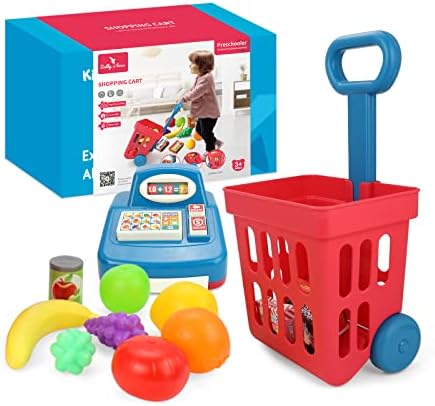 KidEwan Kids Shopping Cart Toddlers Groceries Cart Toy with Cash Register for Girls Boys Mini Shopping Play Set with Food Fruit Accessories