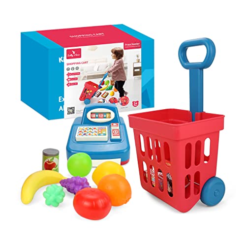 Kidewan Kids Shopping Cart Toddlers Groceries Cart Toy With Cash Register For Girls Boys Mini Shopping Play Set With Food Fruit Accessories #TOP27