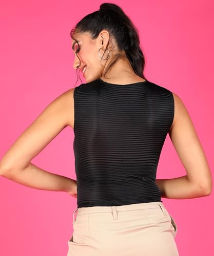Image of POPWINGS Casual Self-Design Wrinkle Round-Neck Sleeveless Crop Top for Women || Summer Wear Crop Tops for Women || Stylish Western Regular Wear Women Crop Tops