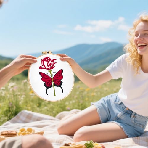 Image of Butterfly Rose Embroidery Kits for Beginners Adults, Valentine's Day Hand Embroidery Kits, Cross Stitch Kits for Adult Anniversary Valentine's Gifts, Entire Set of Embroidery Supplies & Video Tutorial