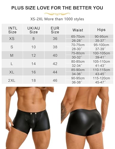 Sexy Boxershorts Herren mit Öffnung PU Leder Unterwäsche mit Beutel Große Größen Wetlook Unterhosen mit Knöpfe Sissy Dessous Männer Reizwäsche Erotische Shorts Slips Hipster Gay Clubwear (Schwarz,L)