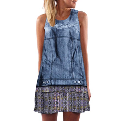 SHOBDW Vestido Corto sin Mangas con Estampado de Playa de Verano sin Mangas de la impresión del Verano Boho de Las Mujeres Boho (XL, Azul-1)