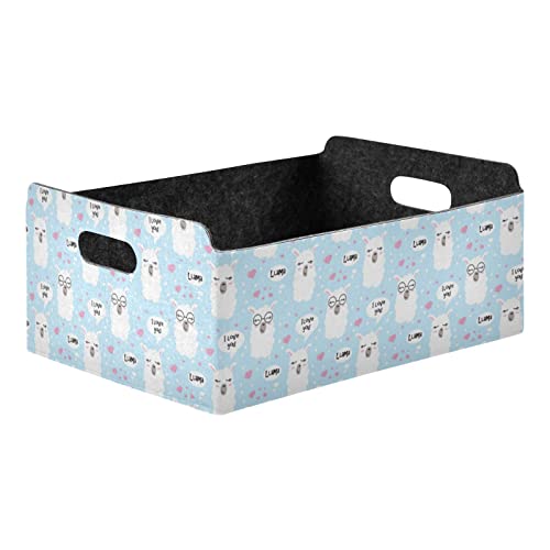Oyihfvs Seamless White Lama Faces with Sunglasses, Pink Hearts, on Blue Rectangle Foldable Felt Storage Bin, Collapsible Cube with Handles Thick Fabric Box Organizer Clothes Supplies for Home Bedroom