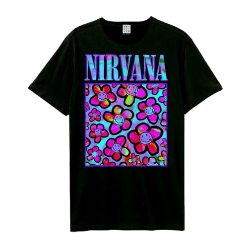 T-shirt Nirvana fleurs fluo imprimé éclatant sur coton noir confortable