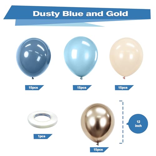 Image of Bezente Dusty Blue Gold Party Latex Balloons Kit 60pcs 12-in with 1 ribbon