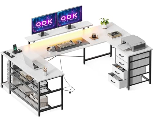 ODK Corner Desk with Drawers, Reversible L Shaped Computer Desk with LED Lights, Gaming Table with Powers Outlets for Home Office White, 167×102 cm
