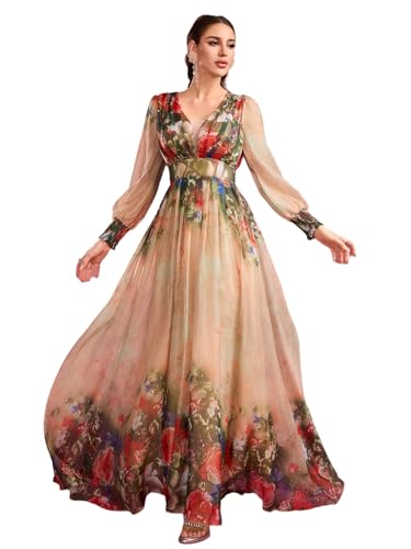 Image of TOLEEN Summer Casual Dresses for Women 2024 Spring Fashion Boho V Neck Long Sleeve Ruffle Floral Print Elegant Maxi Dress