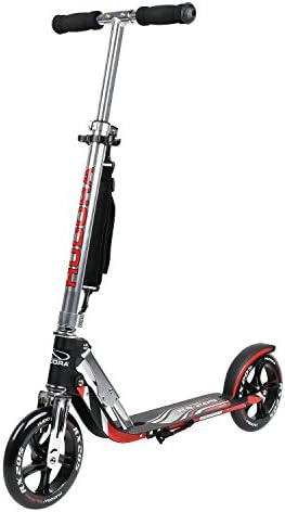 HUDORA 205 Self-Powered Kick Scooter for Adults Teens with Two PU Wheels Folding Mechanism Adjustable Height Rear Brake Non-Electric Glider Scooter (Black Red)
