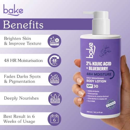 Image of BAKE 2% Kojic Acid Brightening Body Lotion (300 ml) with Niacinamide & SPF 30 for Pigmentation & Tan Removal | For Dark Spots & Sun Protection | Tanned & Pigmented Skin | For Women & Men