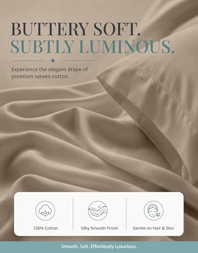 Image of LANE LINEN 100% Cotton Sheets Twin Size - 450 Thread Count Sateen Weave for Smooth Feel On Skin - Extra Soft & Breathable Twin Sheet Set for Single Beds - Fits Mattresses Upto 15'' Deep - Taupe
