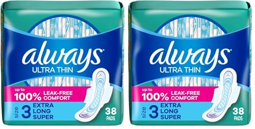 Image of Always Ultra Thin Pads Size 3 Extra Long Super Absorbency Unscented with Wings, 38 Count(Pack of 2)