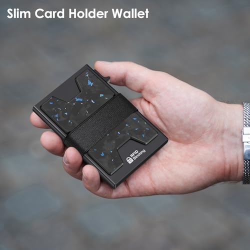 Image of AUTLEY Slim Card Holder, Minimalist Pop Up Wallet for Men, RFID Blocking Mens Wallet with Cash Band (Blue Spot Carbon Fiber)