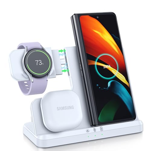 LK Wireless Charger for Samsung 3 in 1 Wireless Charging Station for Samsung S25 S24 S23 S22 Ultra Plus FE Z Flip Fold 7/6/5/4 Note 20 10 Galaxy Watch 8/7/6/5/4/3/Active 2 Galaxy Buds 3/3 Pro White