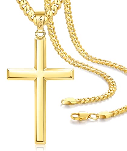 GEMAZE Gold Cross Necklace for Men 14K Gold Plated Cross Peadant with 5mm Cuban Link Chain 20 Inch Gift for Men
