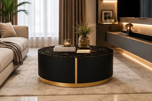 Image of Marble Top Royal Crest Round Center Table | Premium Marble Top Coffee Table for Living Room | Modern Luxury Design 30x30x15.5 Inch (Black)