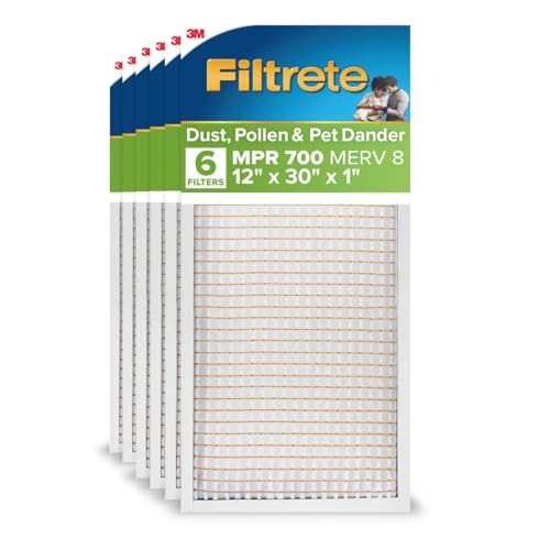 Image of Filtrete 12x30x1 AC Furnace Air Filter, MPR 700, MERV 8, Tough on Pollen, Easy on Airflow, 3-Month Pleated 1-Inch Electrostatic Air Cleaning Filter, 6-Pack (Actual Size 11.81 x 29.81 x 0.81 in)