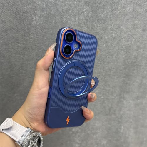 360°回転可能なマグネット式スタンドストライプ電話ケース iPhone 17 16 15 14 13 Pro Max 17 Air 16 15 14 Plus ストラップ付きハードPCカバー ブルー iPhone 17 Pro用