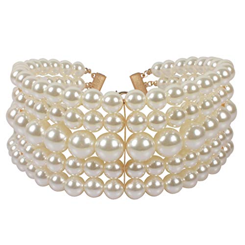 Ufraky Women Elegant Multi Strand Simulated Pearl Choker Necklaces And Earring Set (White) #TOP2