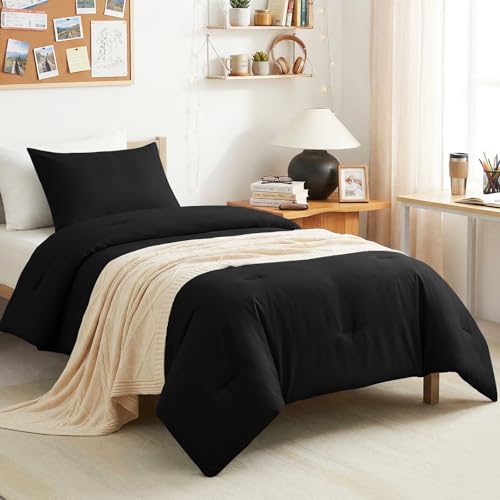 CozyLux Twin Comforter Set College Dorm Essentials 2 Pieces Black Twin Extra Long Solid Room Bedding Sets Soft Twin XL Bed Set with Down Alternative Comforter and 1 Pillowcase Back to School