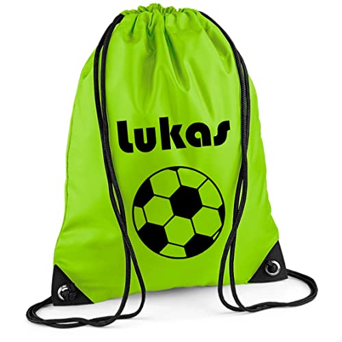 Turnbeutel mit Namen | Motiv Fußball | inkl. Namensdruck | Personalisieren & Bedrucken | Sportbeutel Schuhbeutel dunkel-blau für Jungen Kinder(limette) Cover
