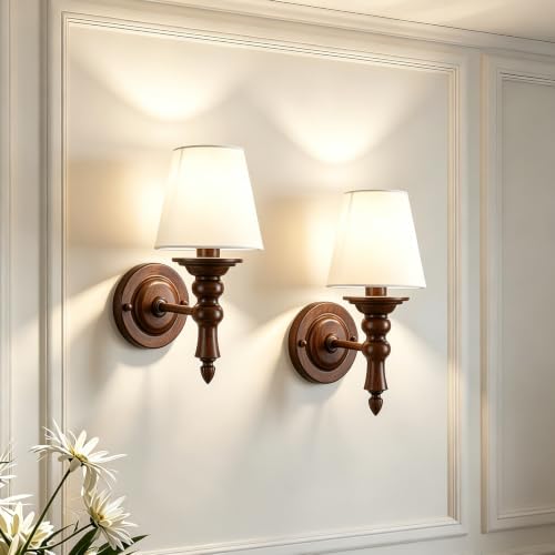 Wall Sconces Set of Two, Farmhouse Sconces Wall Decor with Wood Grain Finish and Fabric Shades, Bedside Wall Lamps for Bedroom Living Room Hallway Front Porch Decor