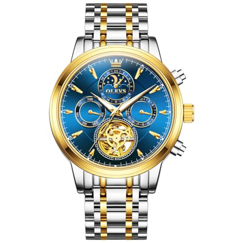 Image of OLEVS Men Automatic Skeleton Watch - Luxury Stainless Steel Calendar Moon Phase Mechanical Dress Wrist Watch with Luminous, Waterproof Self-Wind (Gold /Silver /Blue /Black)