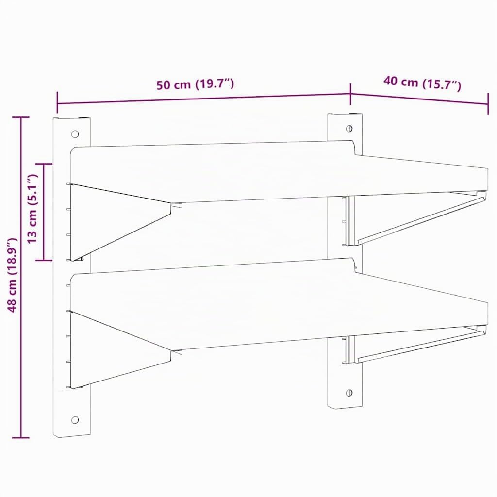 vidaXL Mensola Muro 2 Ripiani 50x40x48 cm Argento Acciaio Inossidabile