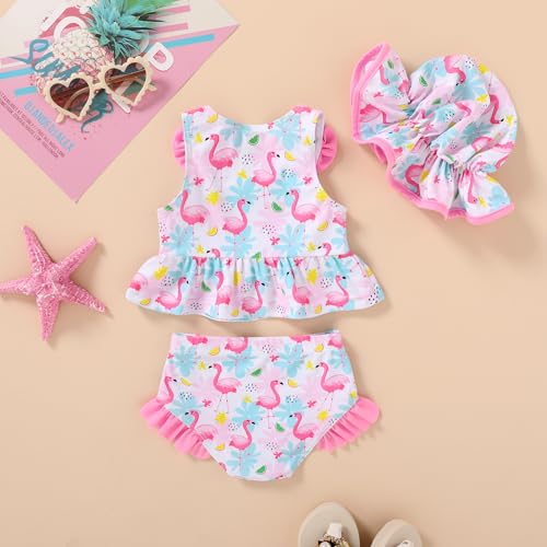 Happy Town Toddler Swimsuit Baby Girl Bathing Suit Sleeveless Bow Floral Bikini Top Ruffle Shorts with Hat Beach Swim Wear3