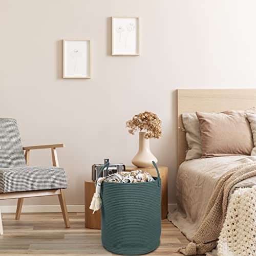 Image of XUANGUO Cotton Rope Laundry Basket Hamper for Clothes Large Dark Green | Baby Nursery Hamper Bin and Woven Storage Basket for Living Room Bedroom Boho Tall Rope Baskets Blankets Toys Pillows Towels