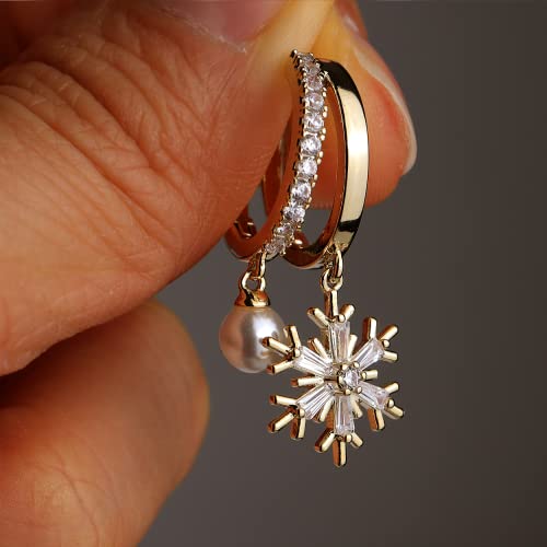 Sonateomber Snowflake Pearl Drop Dangle Gold Small Rhinestone Hoops Cartilage Earrings For Women Cute Sparkly Snow Cz Circle Huggie Prom Winter Christmas Holiday Jewelry Gifts thumb #7