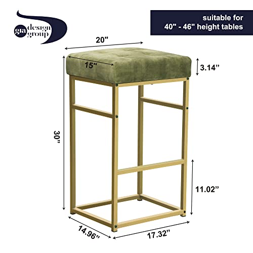 Gia 30-Inch Bar Height Square Backless Metal Stool With Green Velvet Cushion, Gold, Set Of 4 #TOP2